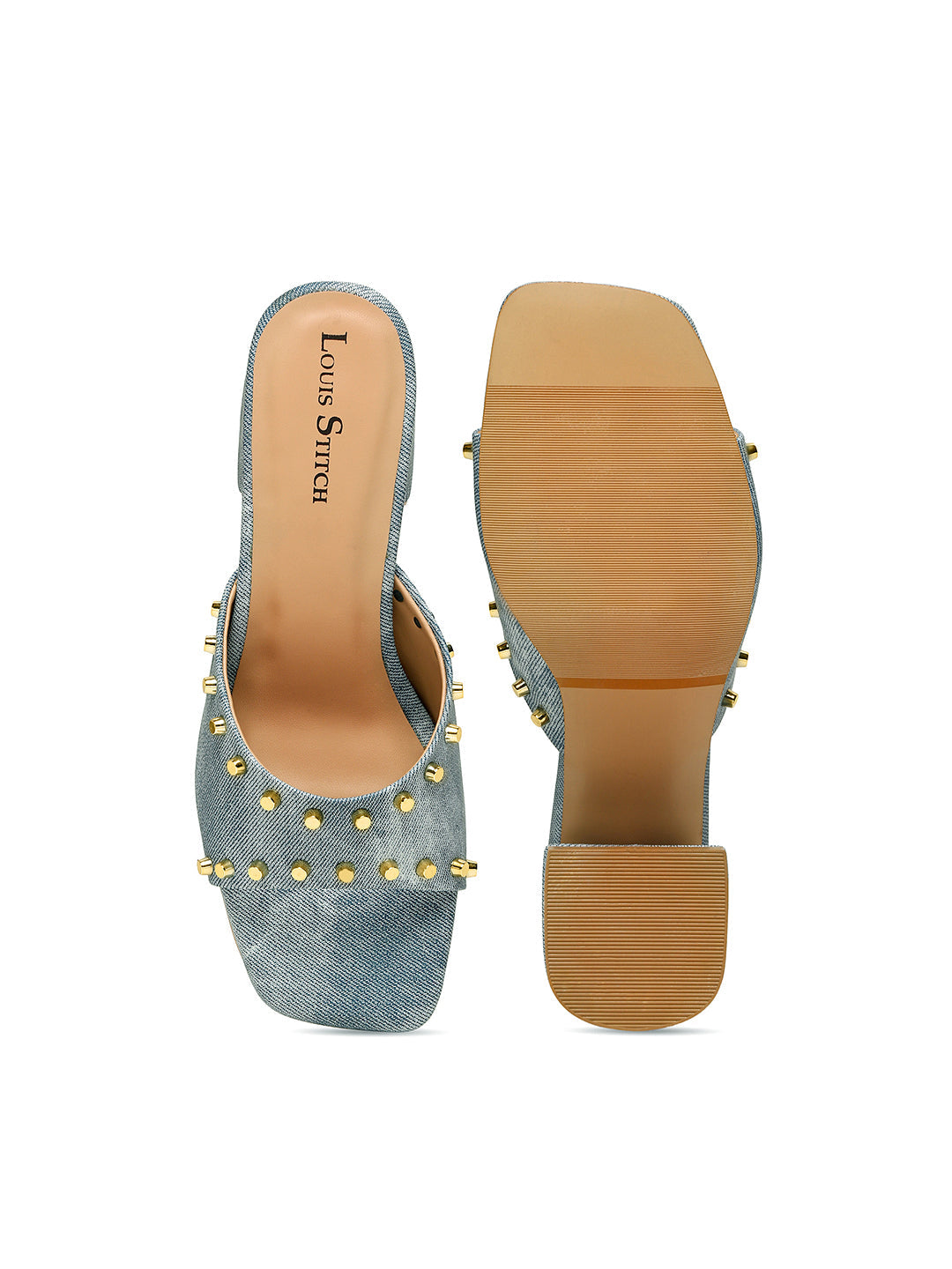 Women's Blue Block Heel Mules Beads Lightweight Sandals