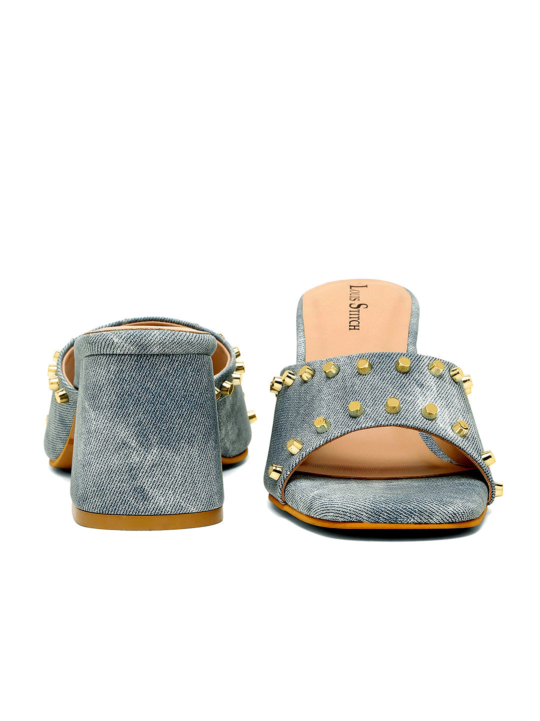 Women's Blue Block Heel Mules Beads Lightweight Sandals