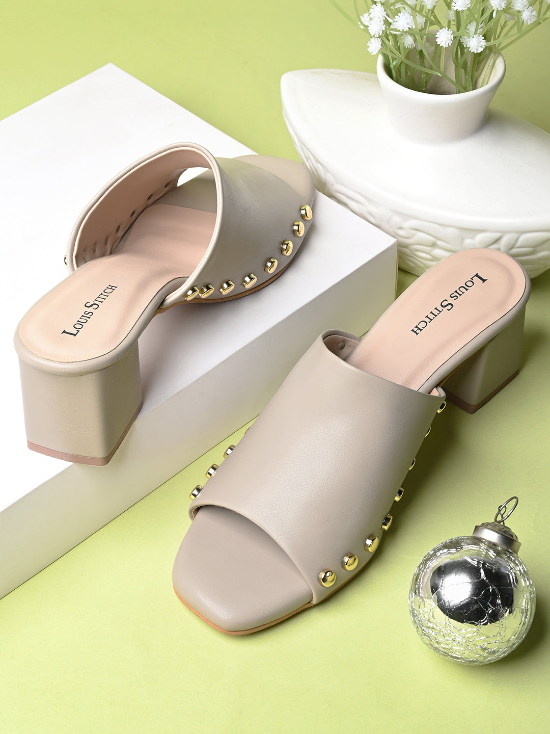 Women's Beige Block Heel Side Studds Lightweight Sandals