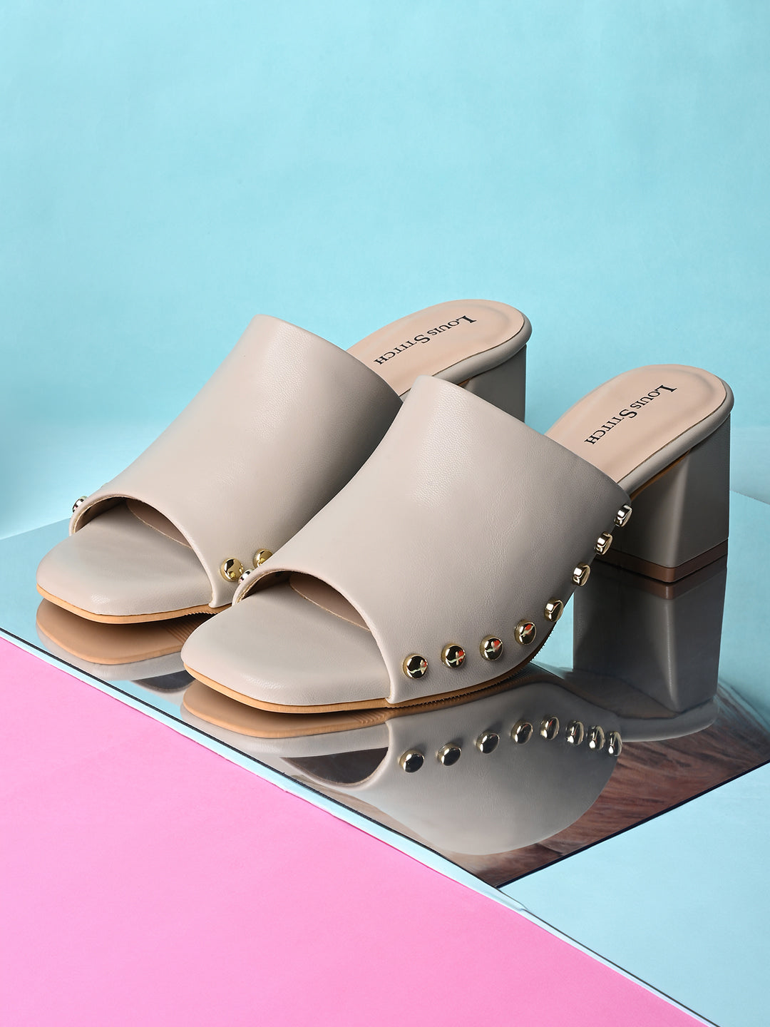 Women's Beige Block Heel Side Studds Lightweight Sandals