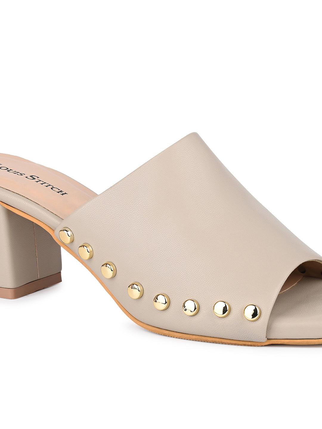 Women's Beige Block Heel Side Studds Lightweight Sandals