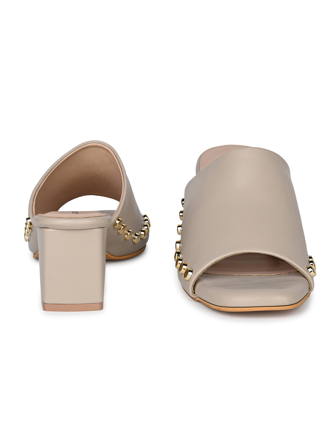 Women's Beige Block Heel Side Studds Lightweight Sandals