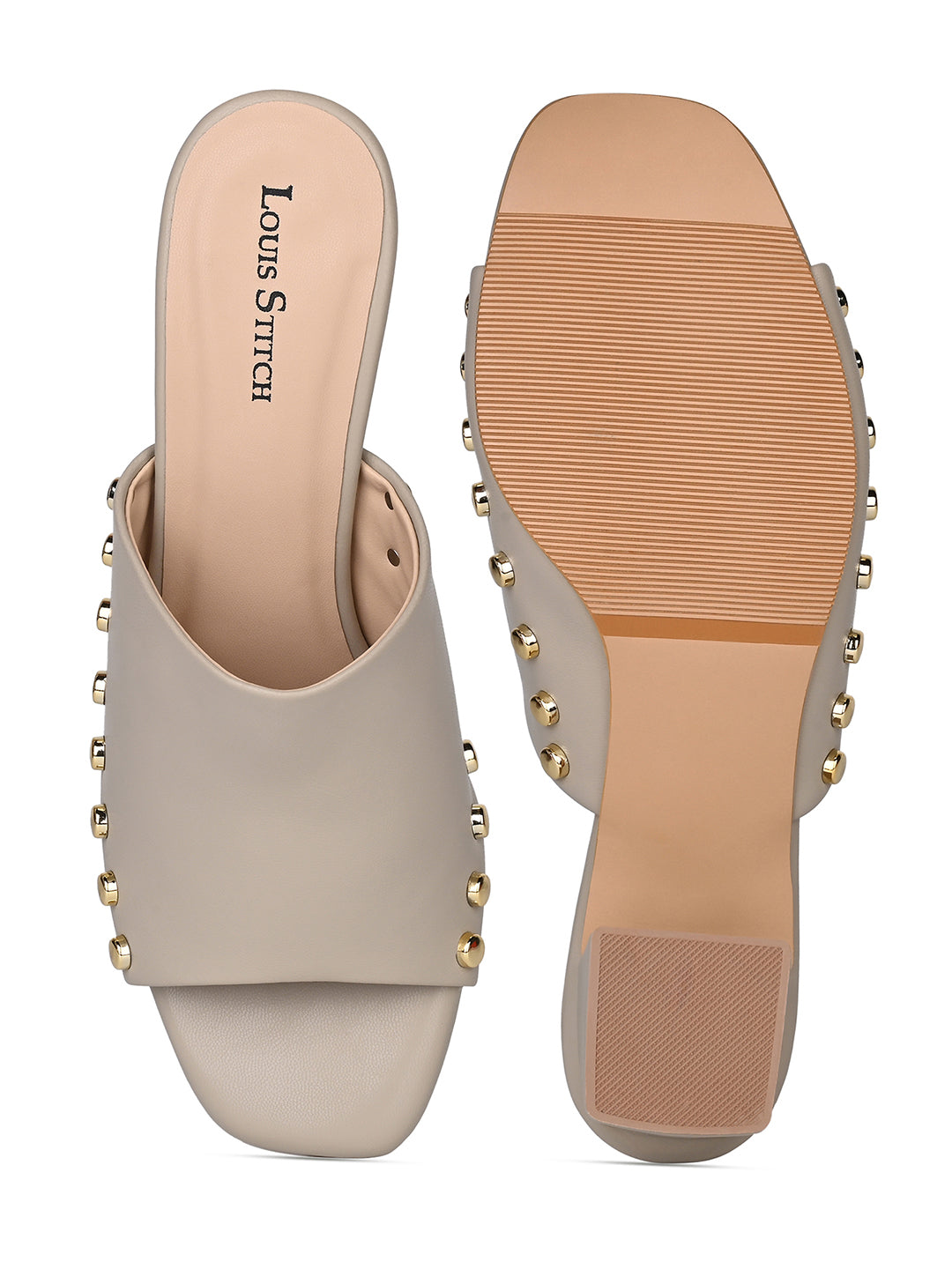 Women's Beige Block Heel Side Studds Lightweight Sandals