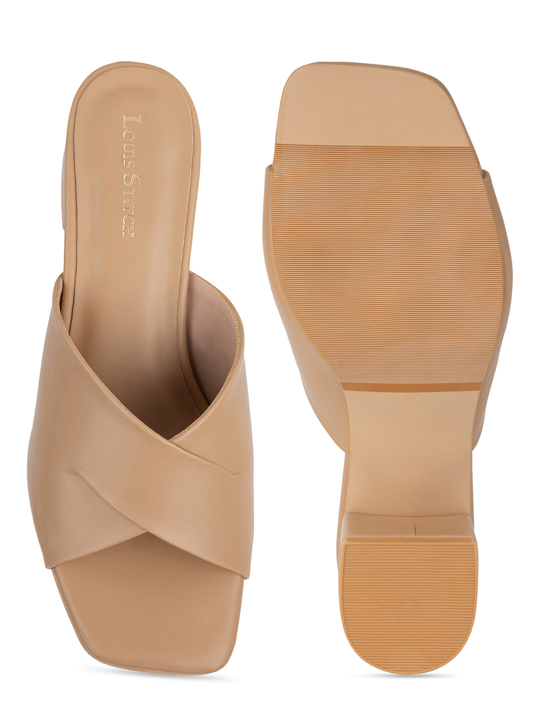 Women's Beige Block Heel Mules Lightweight Sandals