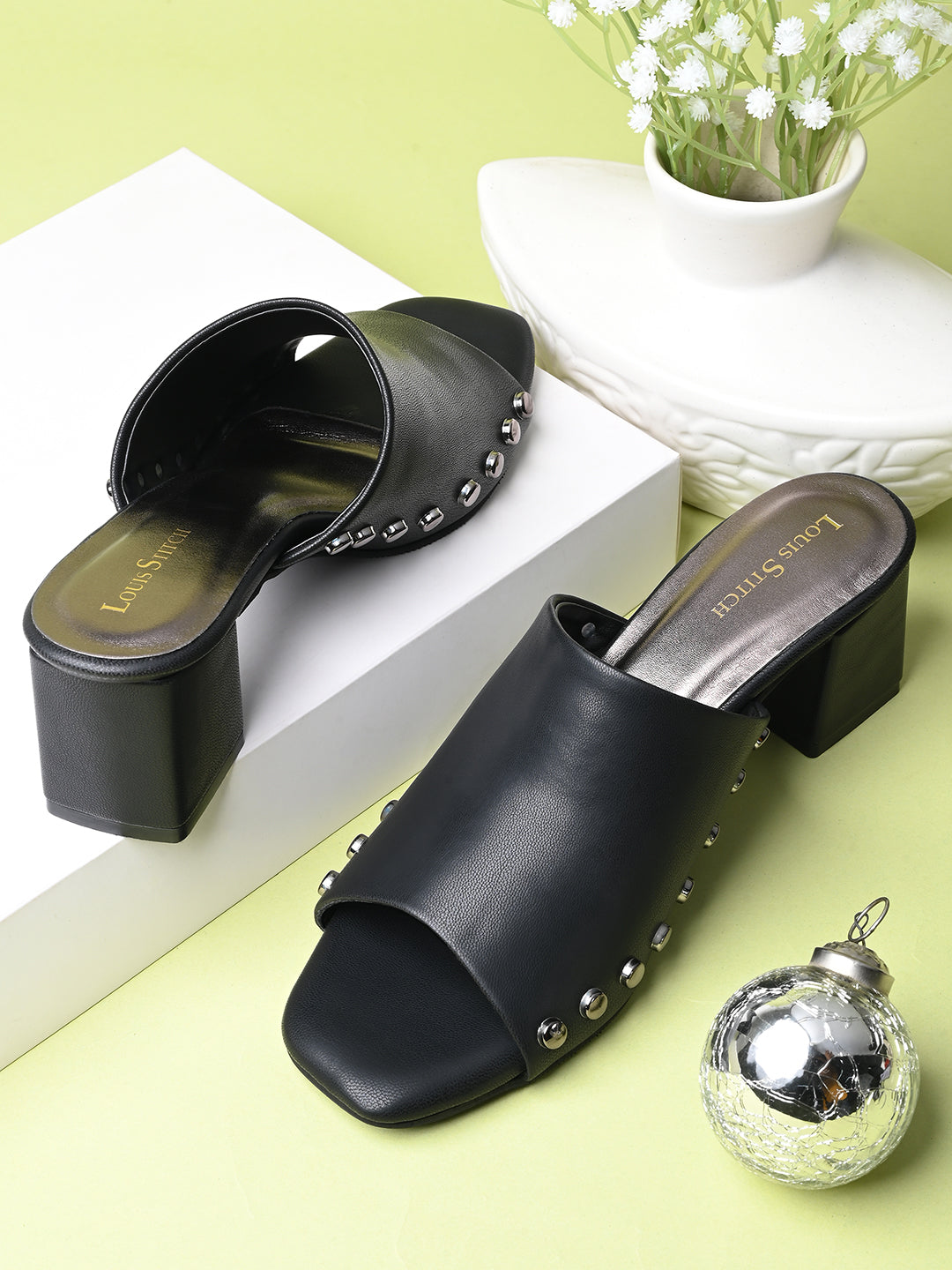 Women's Black Block Heel Side Studds Lightweight Sandals