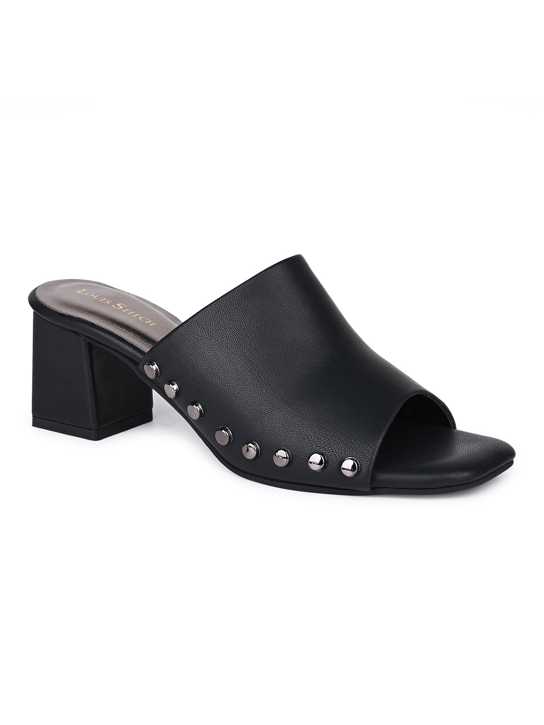 Women's Black Block Heel Side Studds Lightweight Sandals