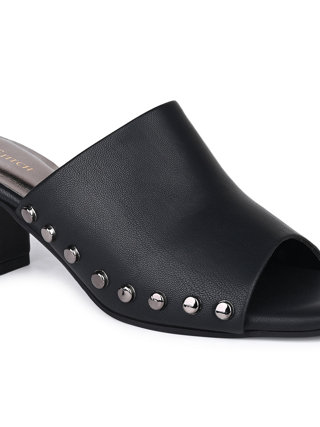 Women's Black Block Heel Side Studds Lightweight Sandals