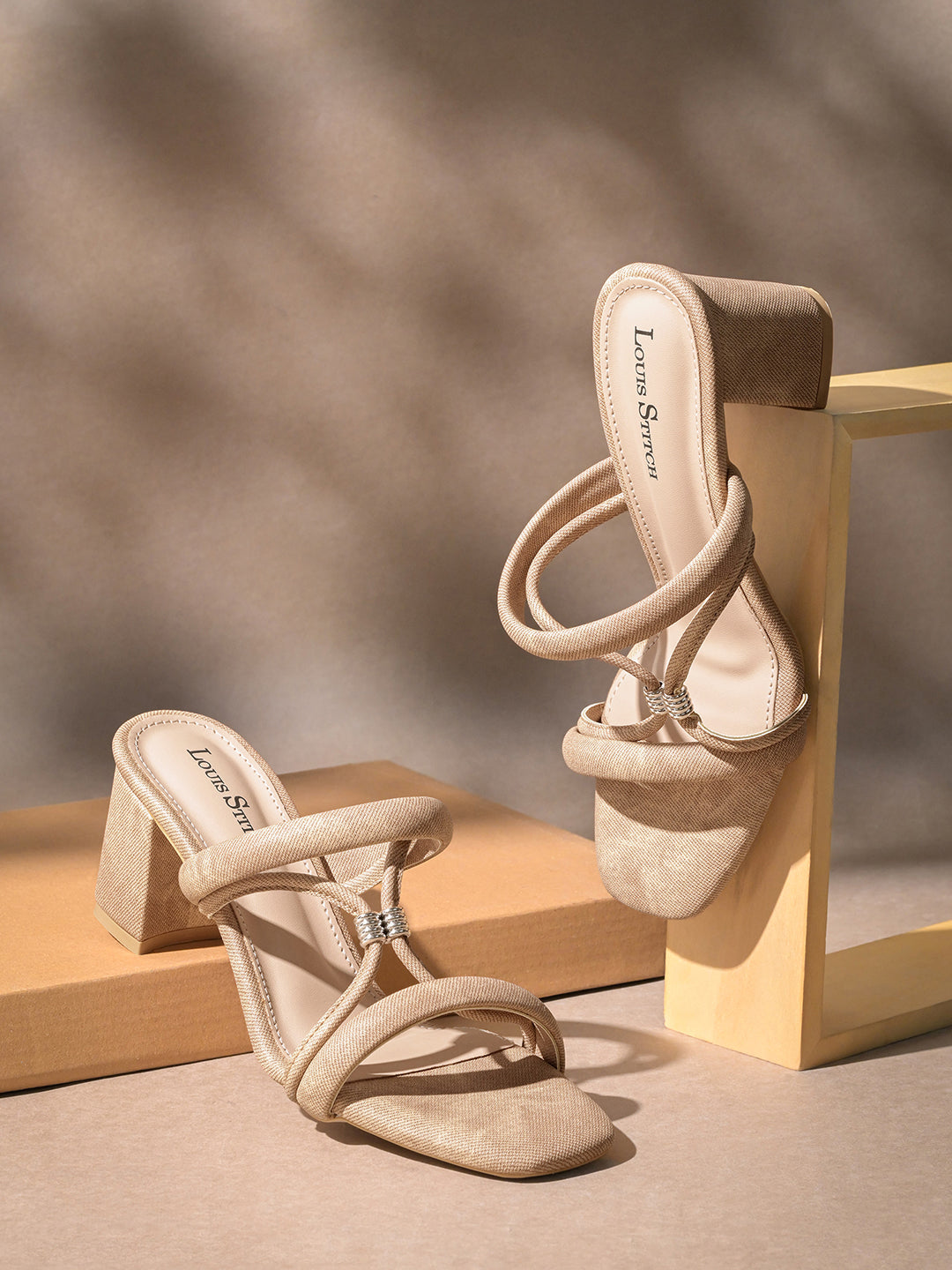 Women Beige Block Heel Slip-On Comfortable Ladies Sandals