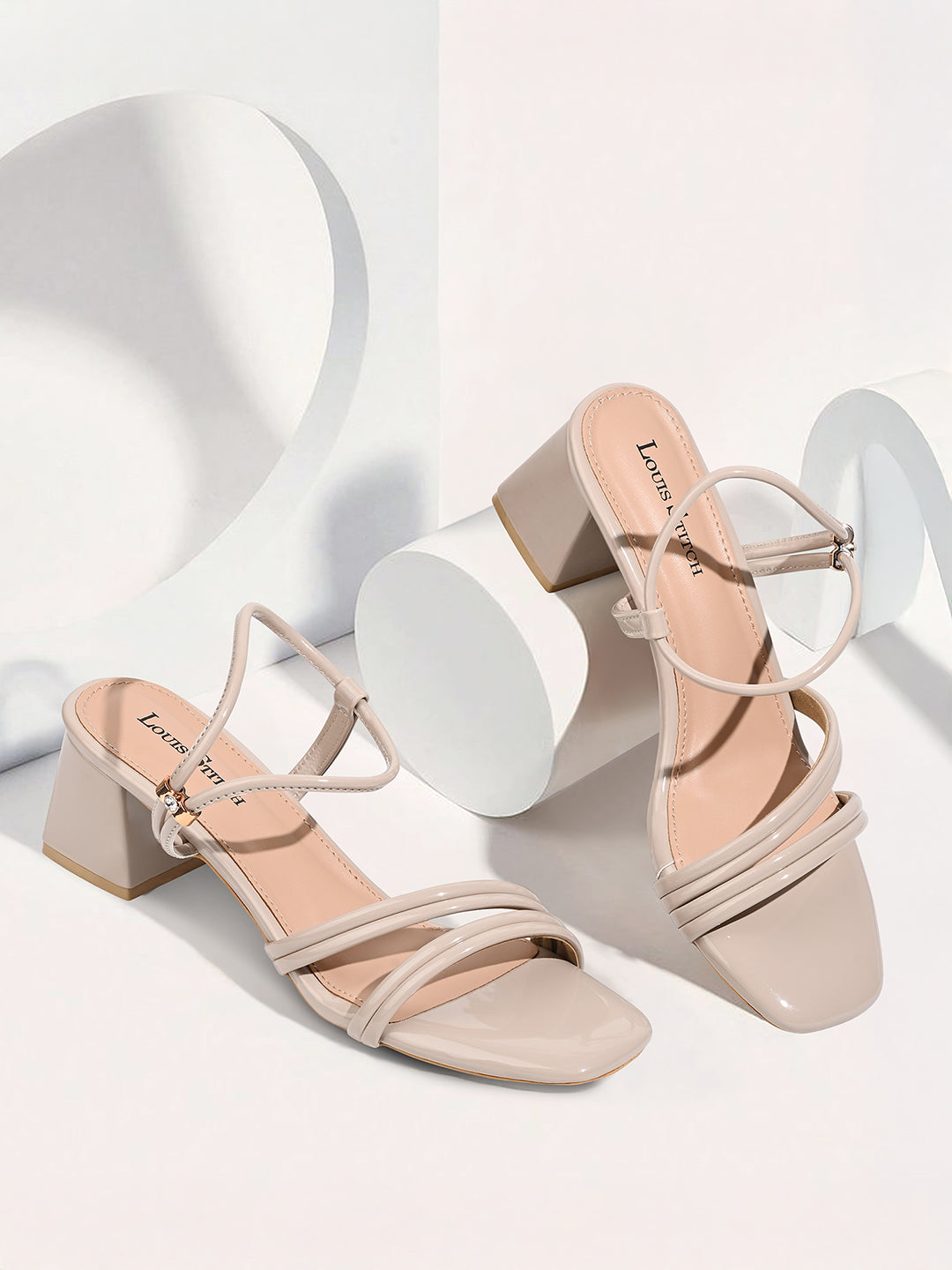 Women Beige Block Heel Slip-On Comfortable Ladies Sandals