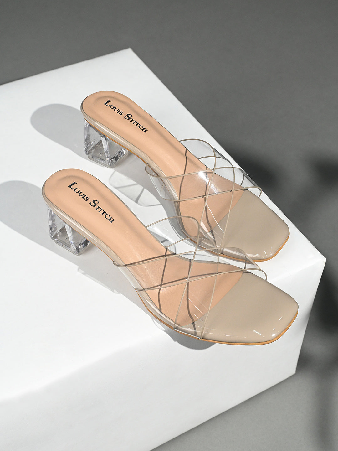 Women's Beige Transparent Cross Strap Block Heel Lightweight Sandals