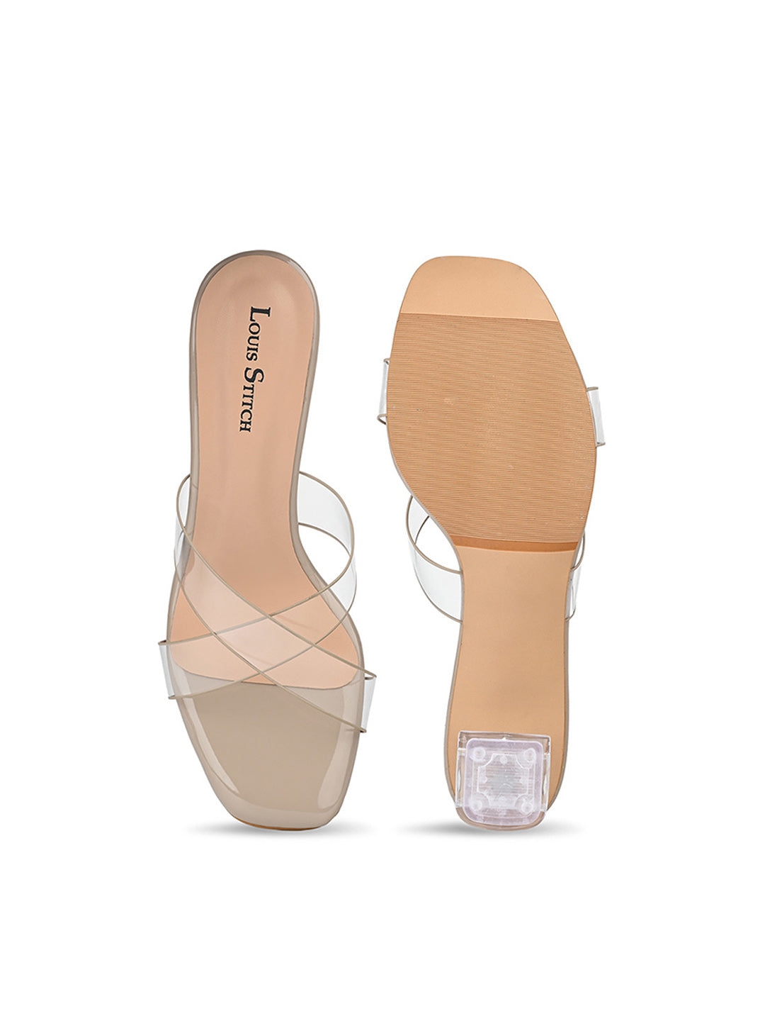 Women's Beige Transparent Cross Strap Block Heel Lightweight Sandals
