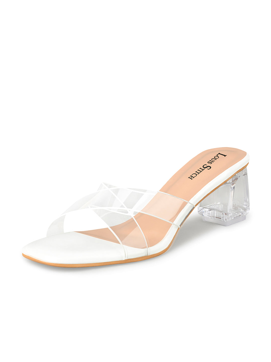 Women's White Transparent Cross Strap Block Heel Lightweight Sandals
