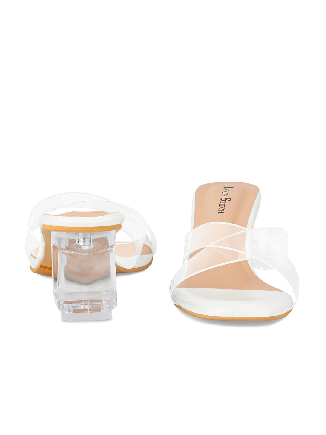 Women's White Transparent Cross Strap Block Heel Lightweight Sandals