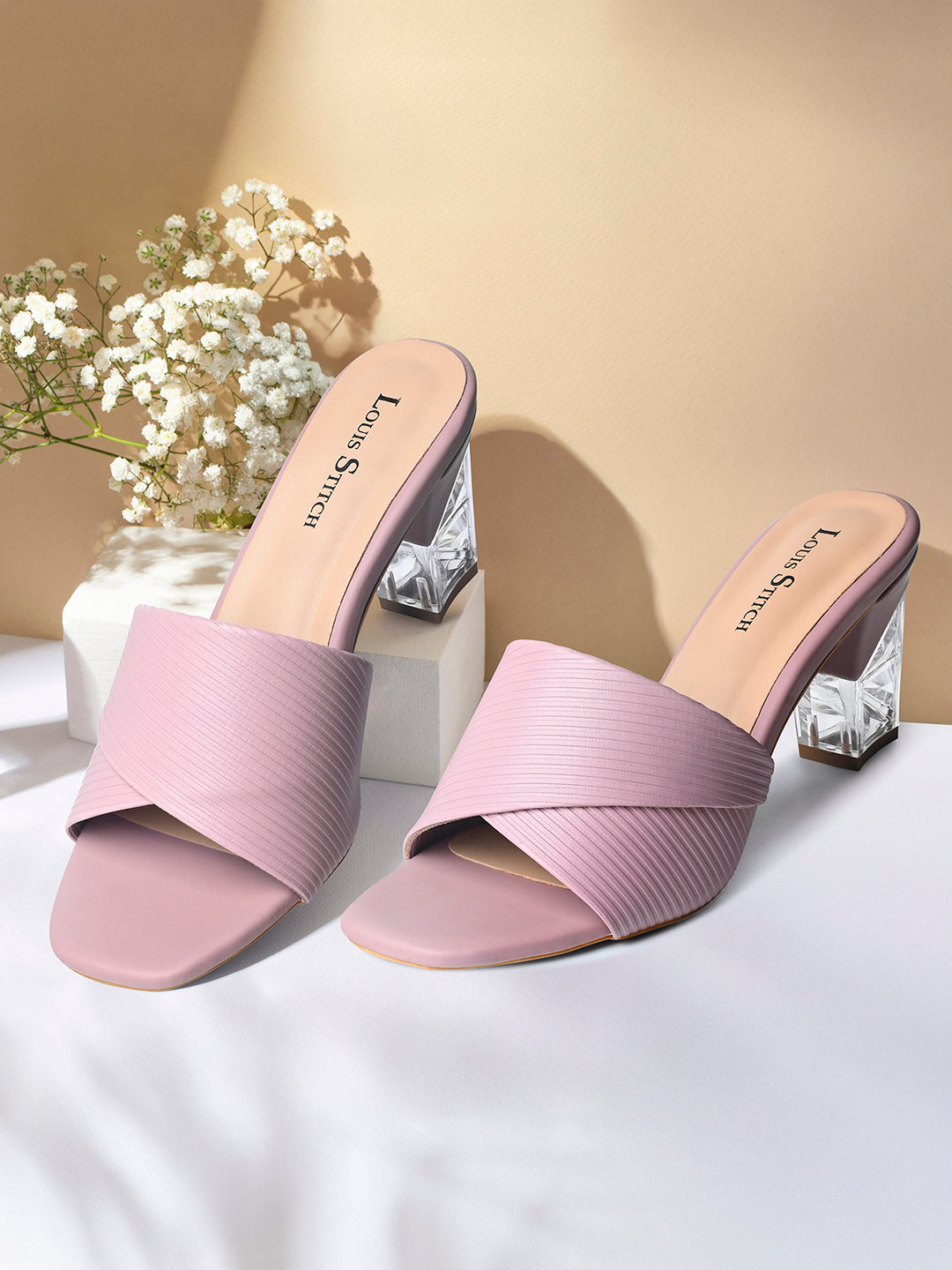 Women's Pink Block Heel Cross Strap Sandals