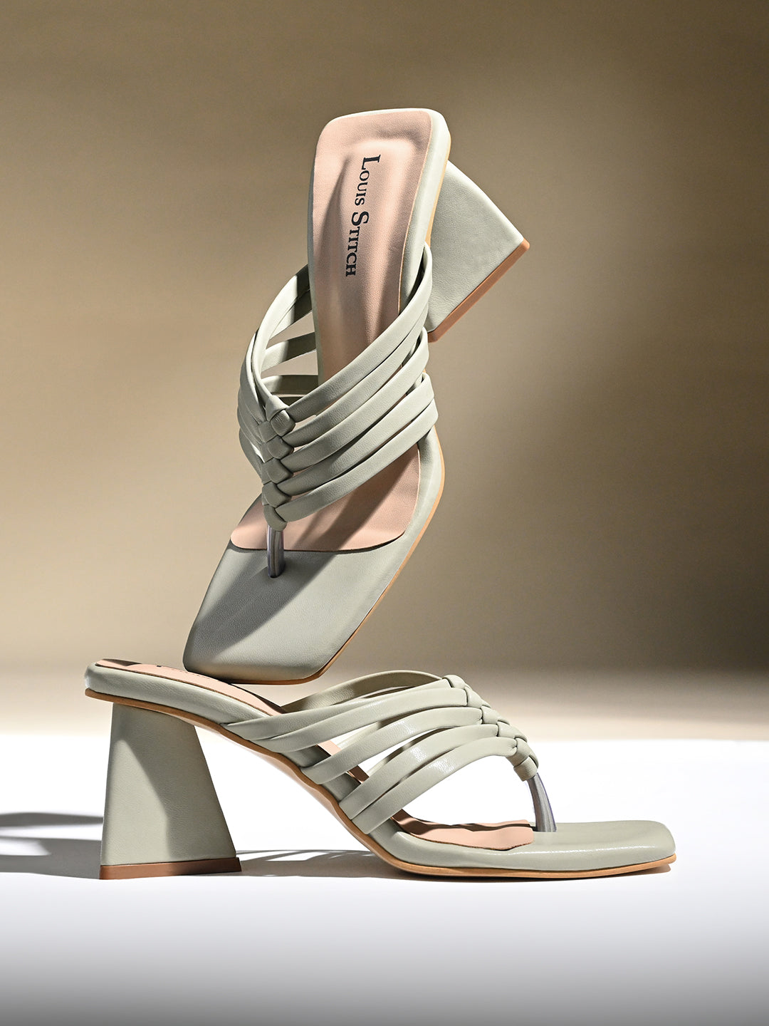 Women's Green Weaved T-Strap Block Heel Lightweight Sandals