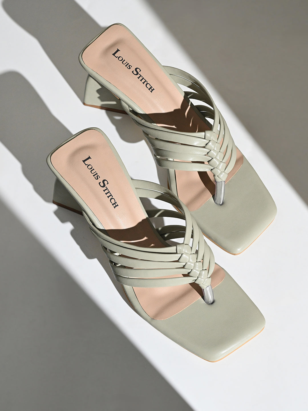 Women's Green Weaved T-Strap Block Heel Lightweight Sandals