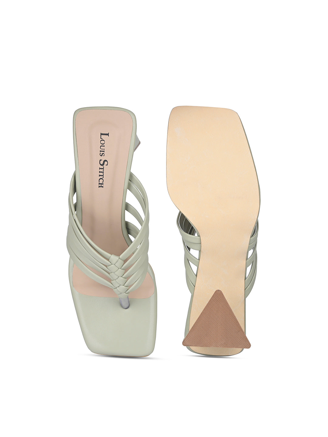 Women's Green Weaved T-Strap Block Heel Lightweight Sandals