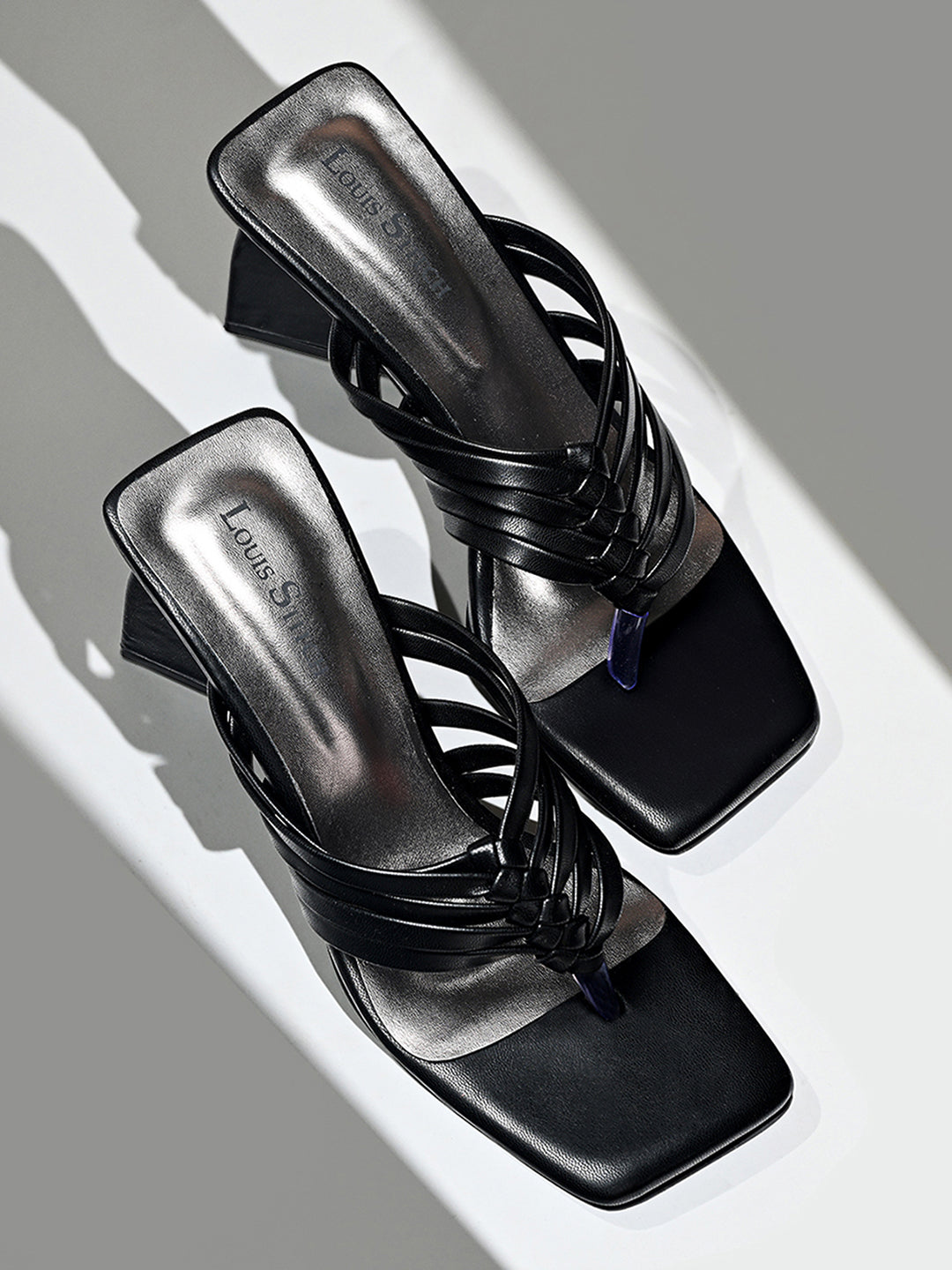 Women's Black Weaved T-Strap Block Heel Lightweight Sandals