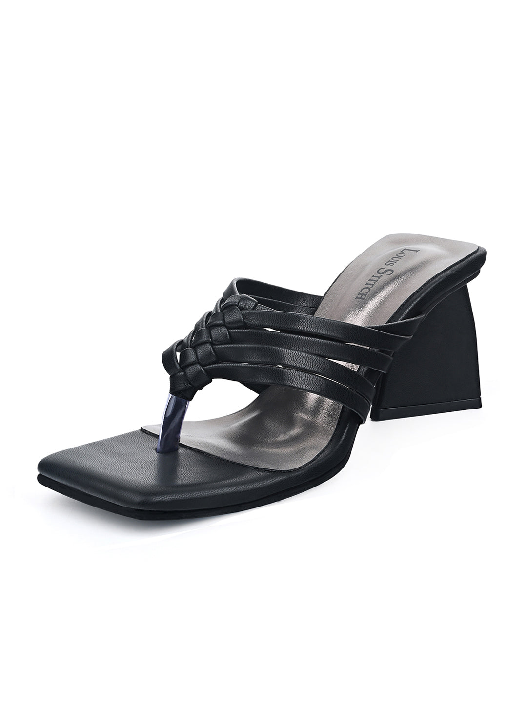 Women's Black Weaved T-Strap Block Heel Lightweight Sandals