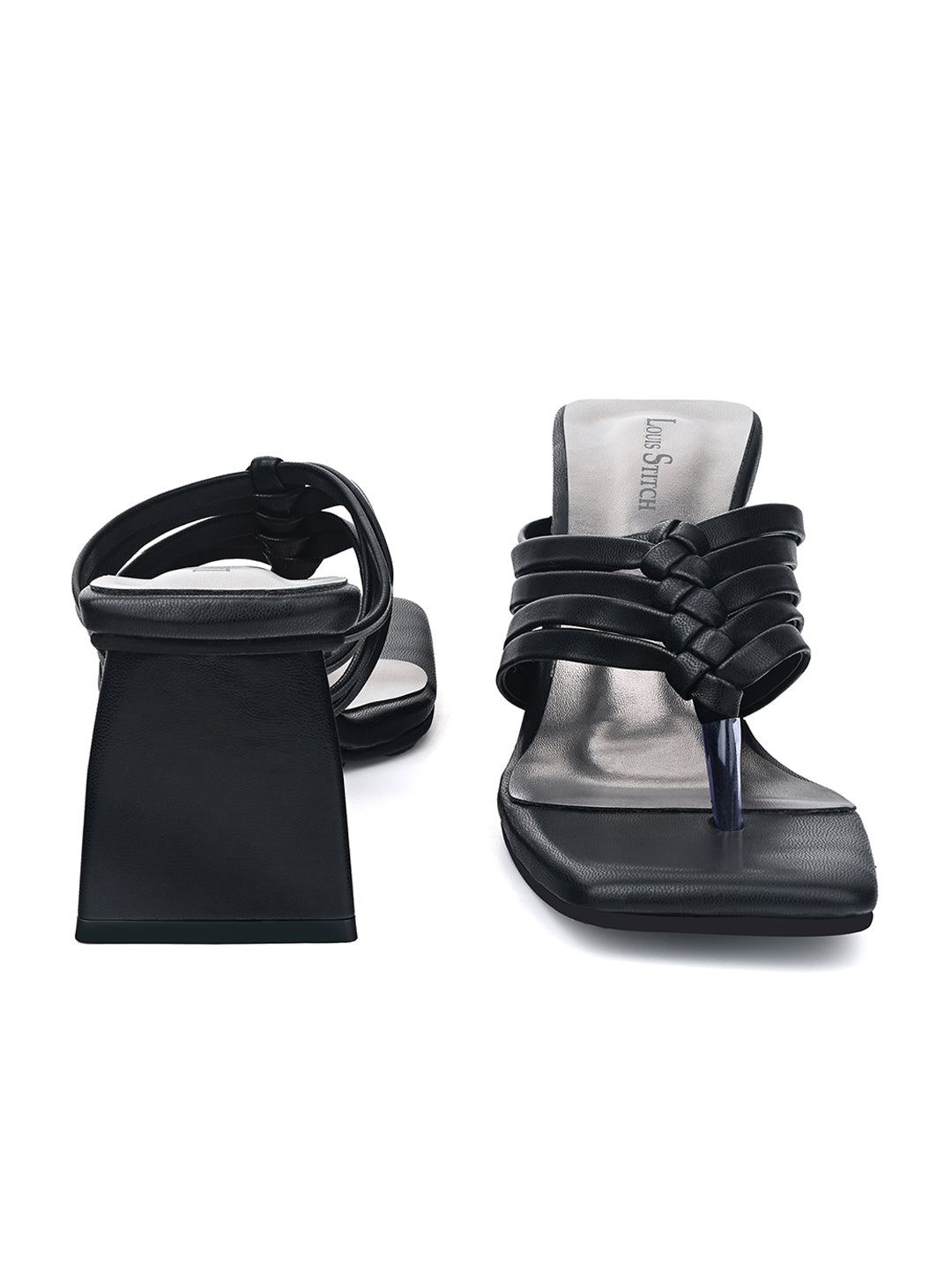 Women's Black Weaved T-Strap Block Heel Lightweight Sandals