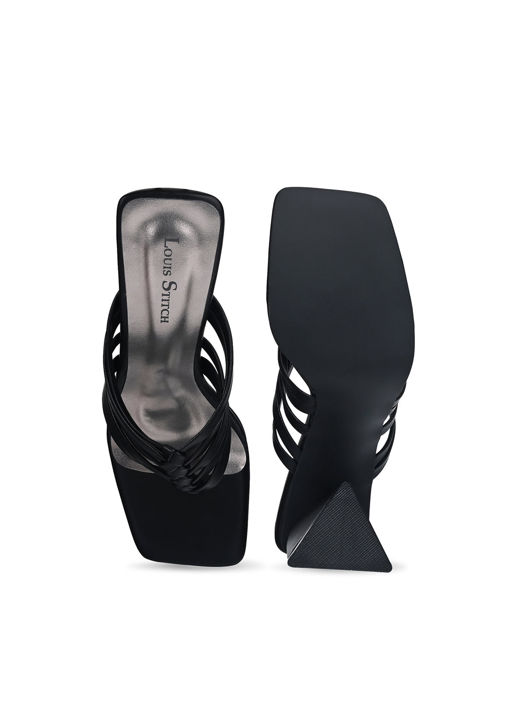 Women's Black Weaved T-Strap Block Heel Lightweight Sandals