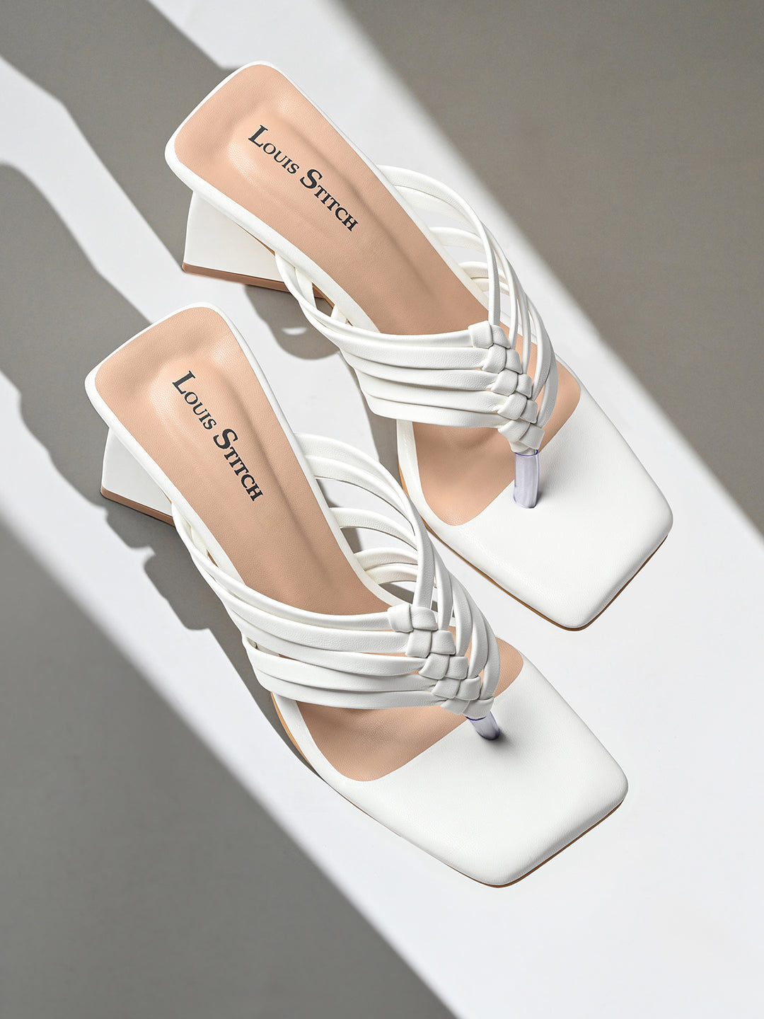 Women's White Weaved T-Strap Block Heel Lightweight Sandals