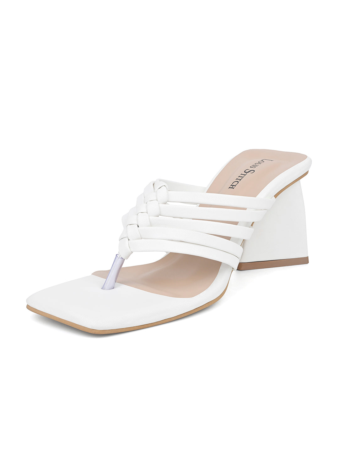 Women's White Weaved T-Strap Block Heel Lightweight Sandals