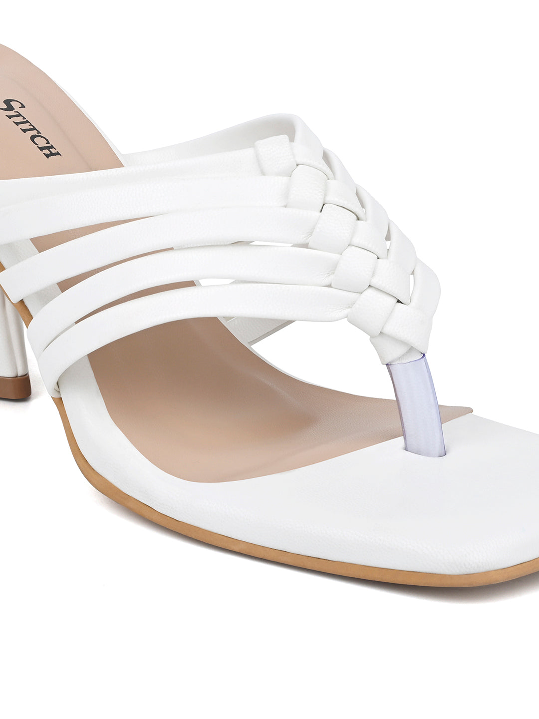 Women's White Weaved T-Strap Block Heel Lightweight Sandals