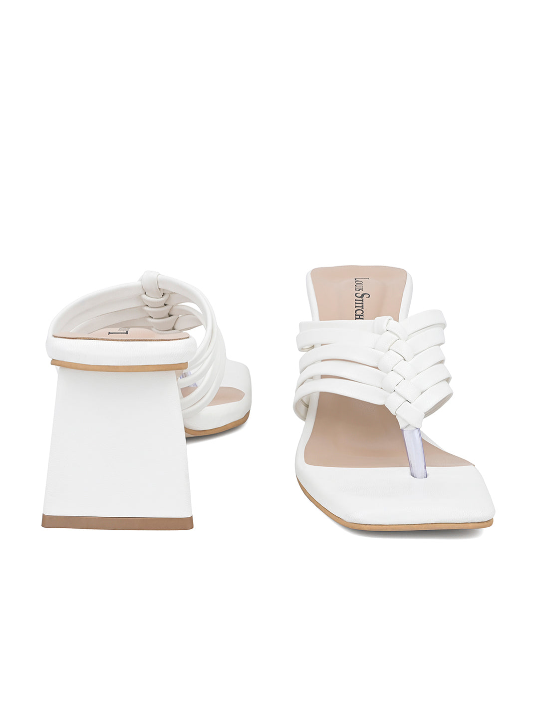 Women's White Weaved T-Strap Block Heel Lightweight Sandals