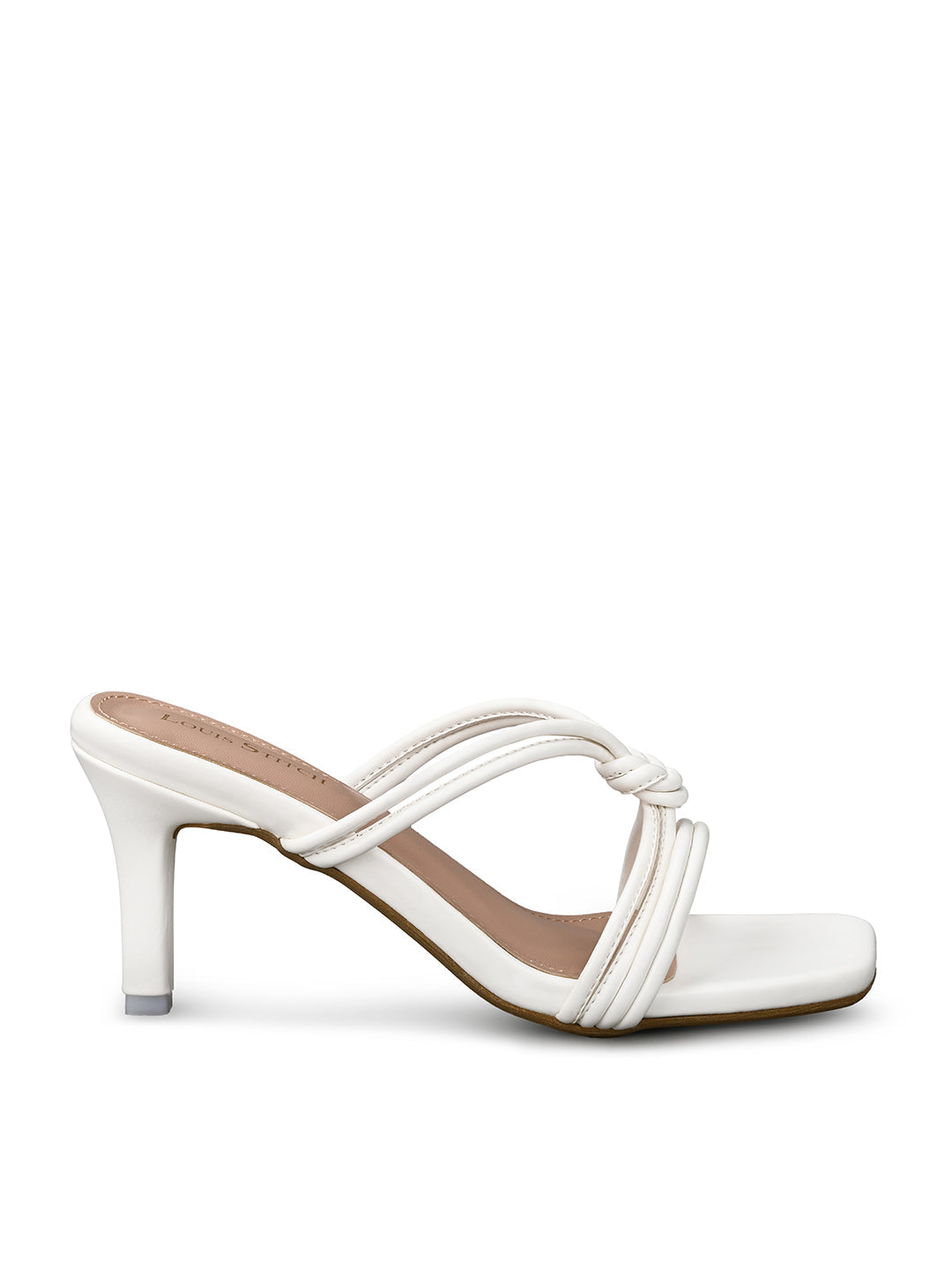 Women's White Stilleto Heel Cross Knot Mule Sandals