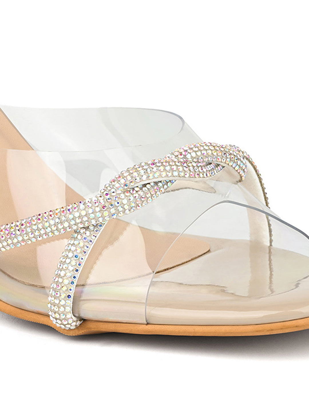 Women's Beige Stilleto Heel Silicon Glitter Strap Mule Sandals