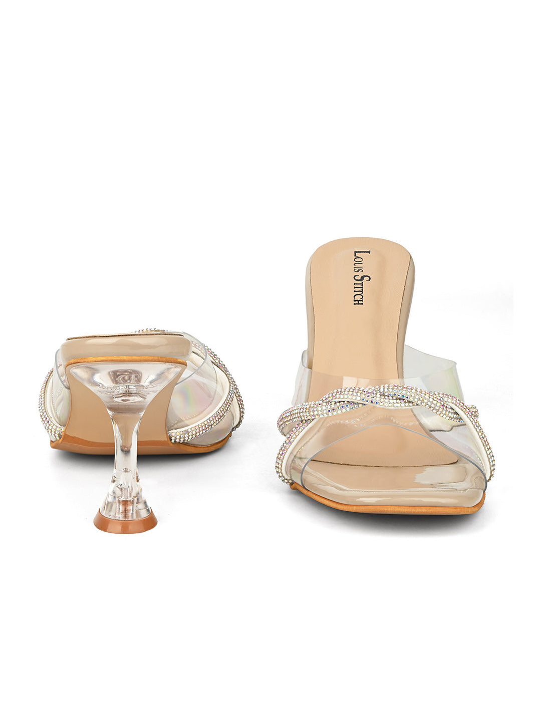 Women's Beige Stilleto Heel Silicon Glitter Strap Mule Sandals