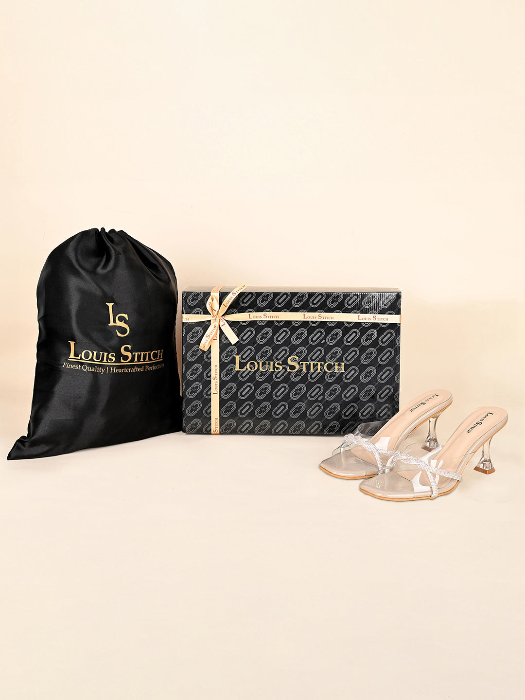 Women's Beige Stilleto Heel Silicon Glitter Strap Mule Sandals
