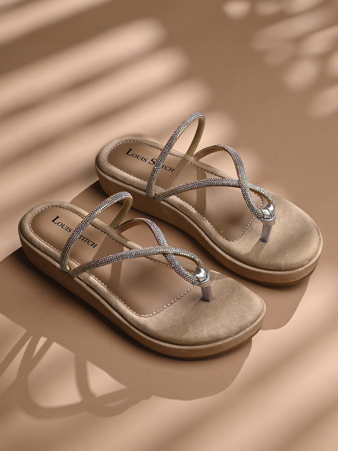 Women's Beige Slip-On Platform Heel T-Strap Lightweight Sandals