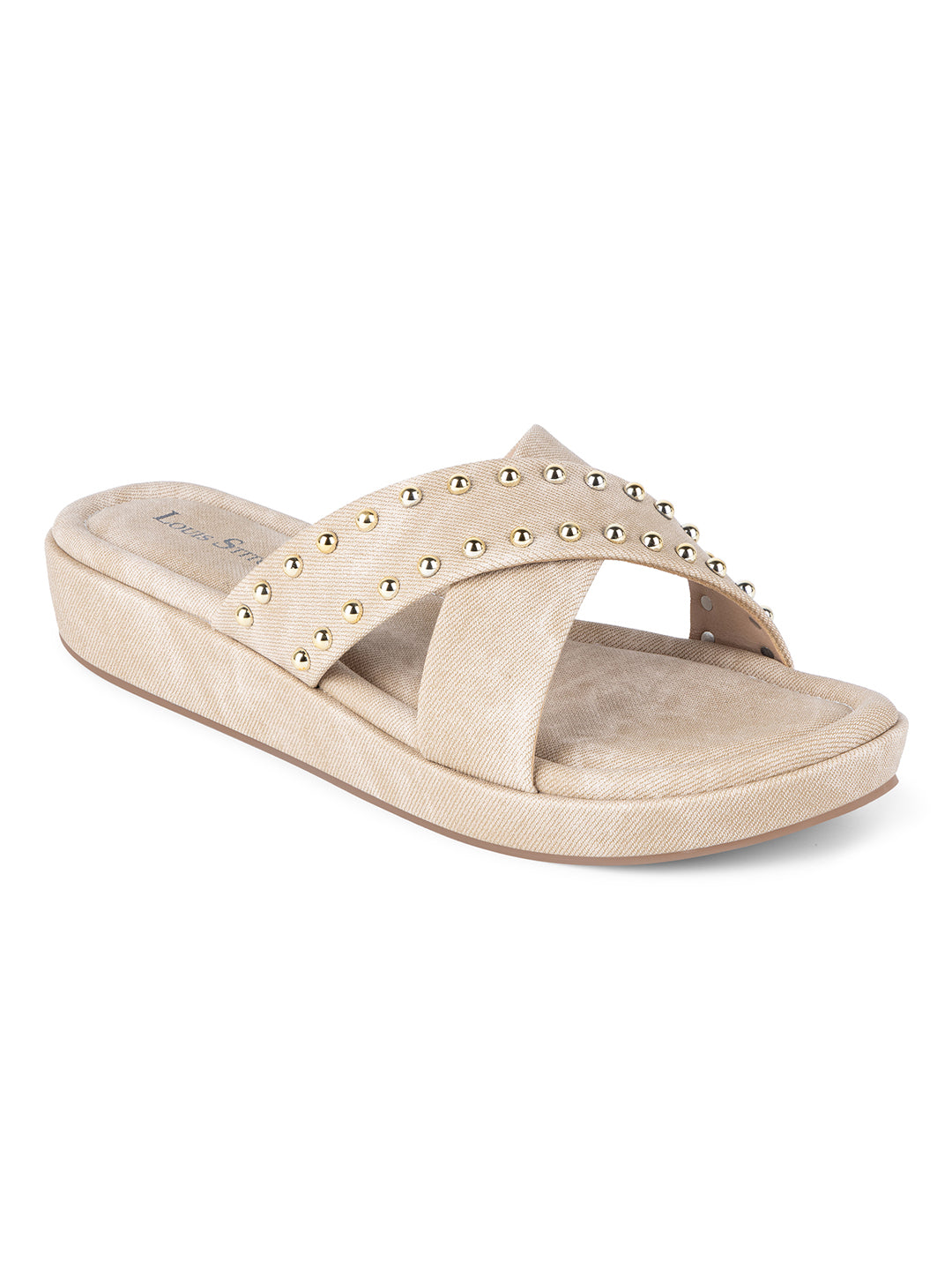 Women's Beige Cross Strap and Beaded Embellishments Lightweight Sandals