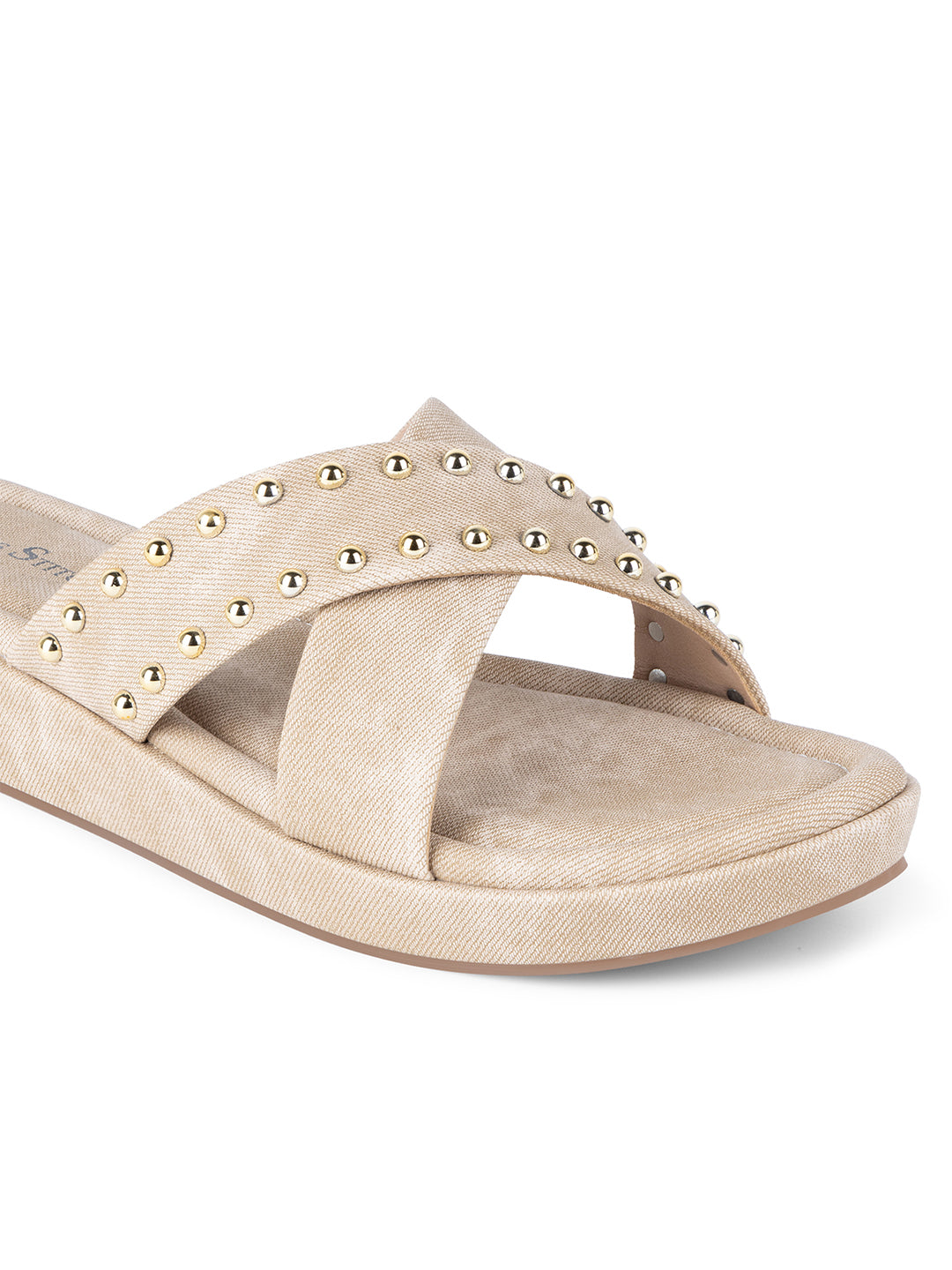 Women's Beige Cross Strap and Beaded Embellishments Lightweight Sandals