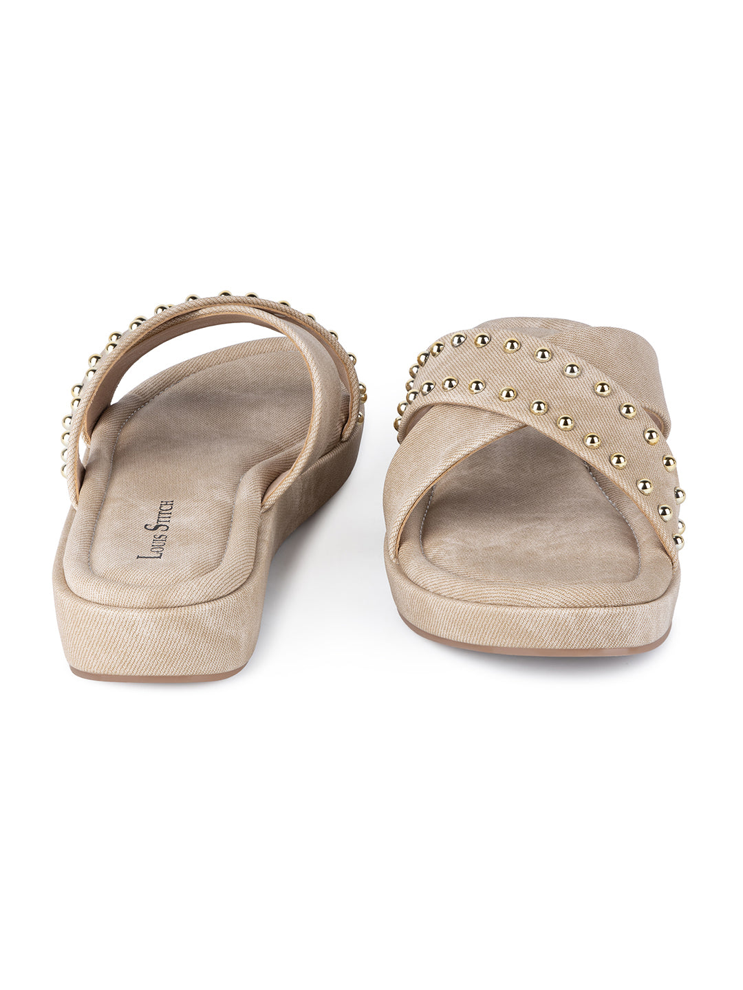 Women's Beige Cross Strap and Beaded Embellishments Lightweight Sandals