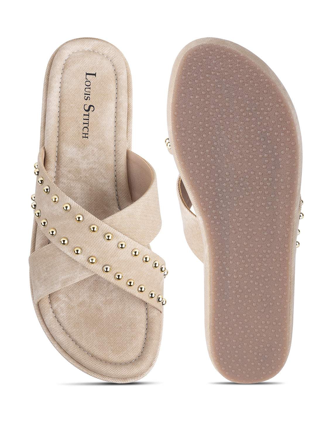 Women's Beige Cross Strap and Beaded Embellishments Lightweight Sandals