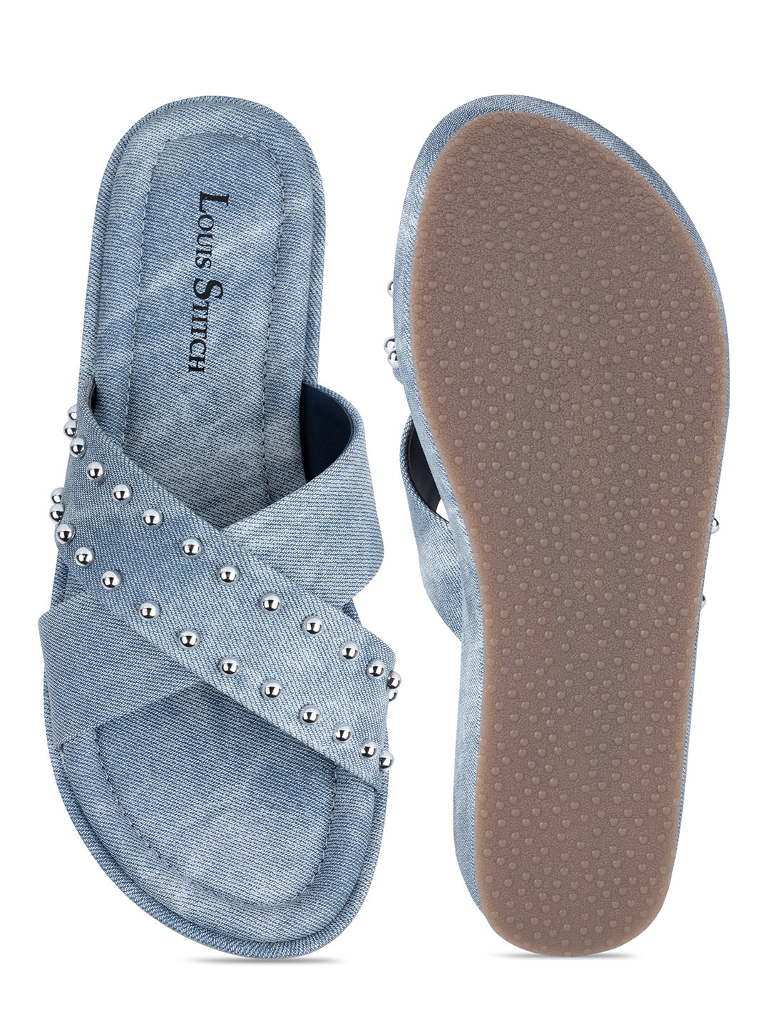 Women's Blue Cross Strap and Beaded Embellishments Lightweight Sandals