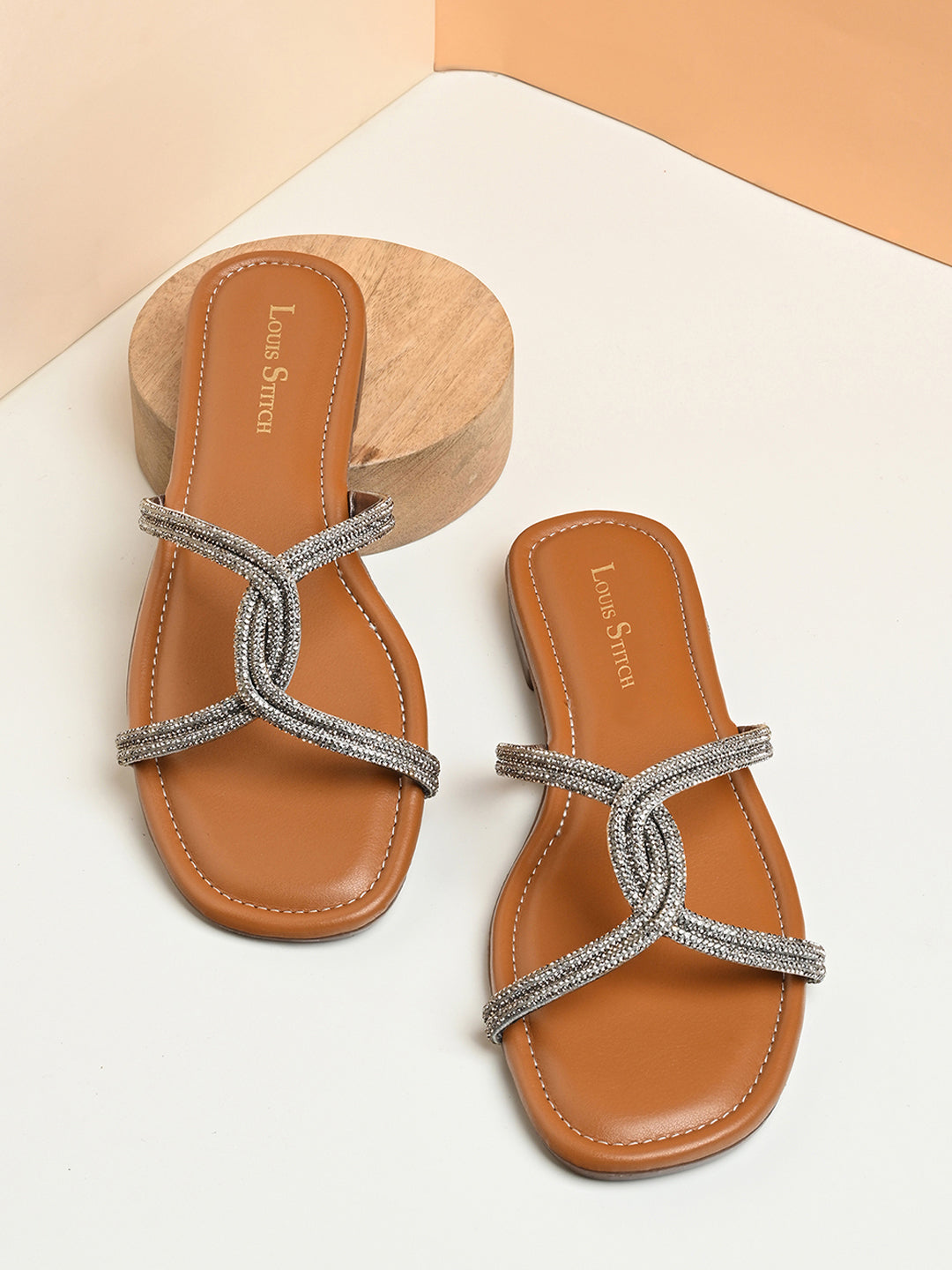 Women's Tan Open Toe Cross Strap Flat Heel Lightweight Sandals