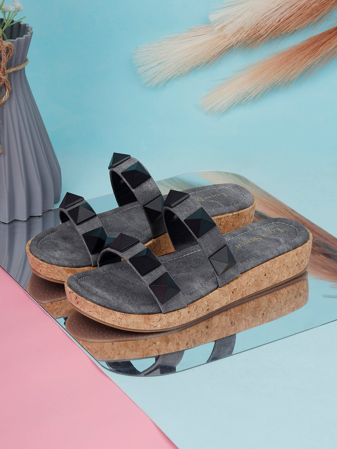 Women's Two Strap Diamond Stone Black Lightweight Sandals