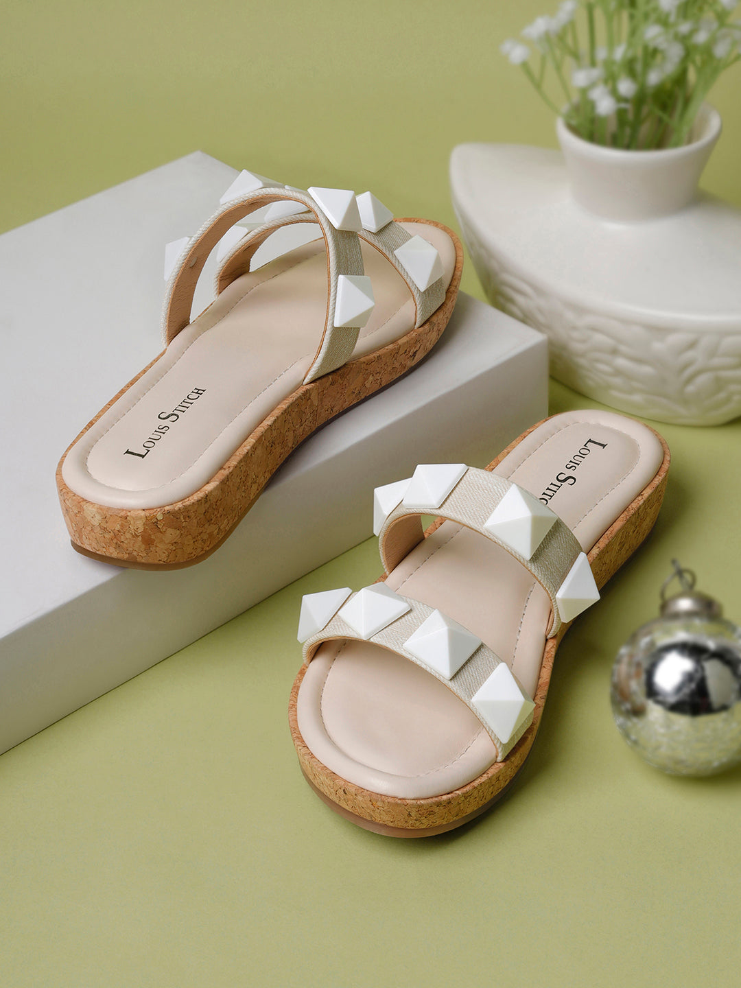Women's Two Strap Diamond Stone White Lightweight Sandals
