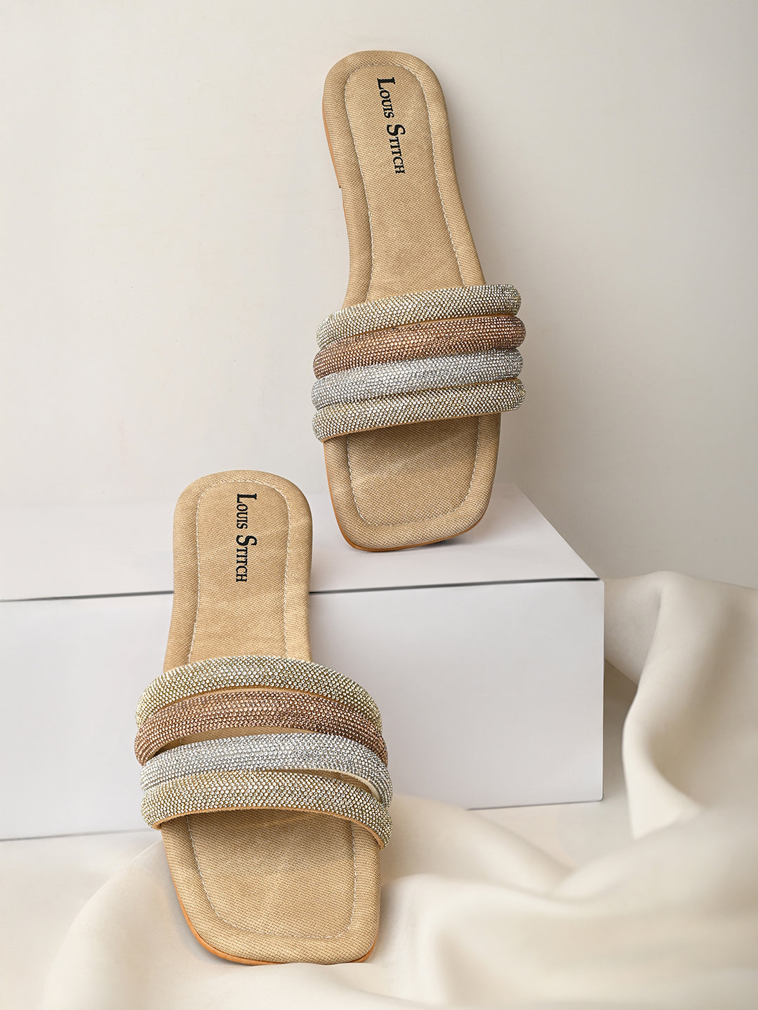 Women's Beige Glitter Strap Flat Heel Lightweight Sandals