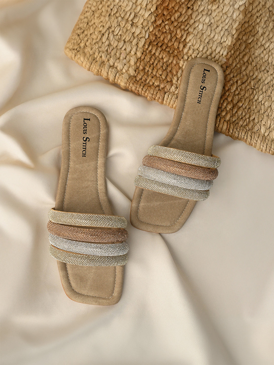 Women's Beige Glitter Strap Flat Heel Lightweight Sandals