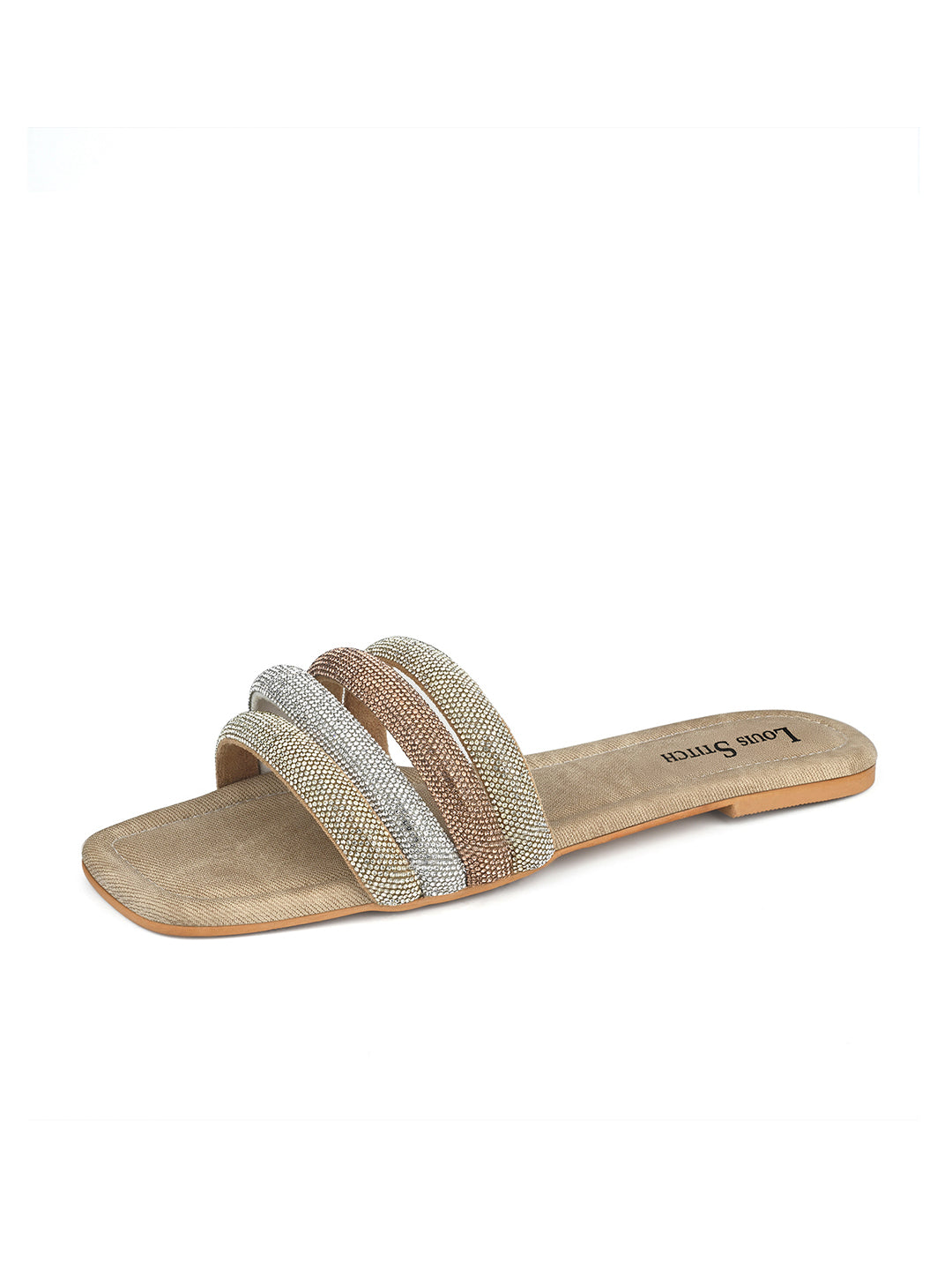 Women's Beige Glitter Strap Flat Heel Lightweight Sandals