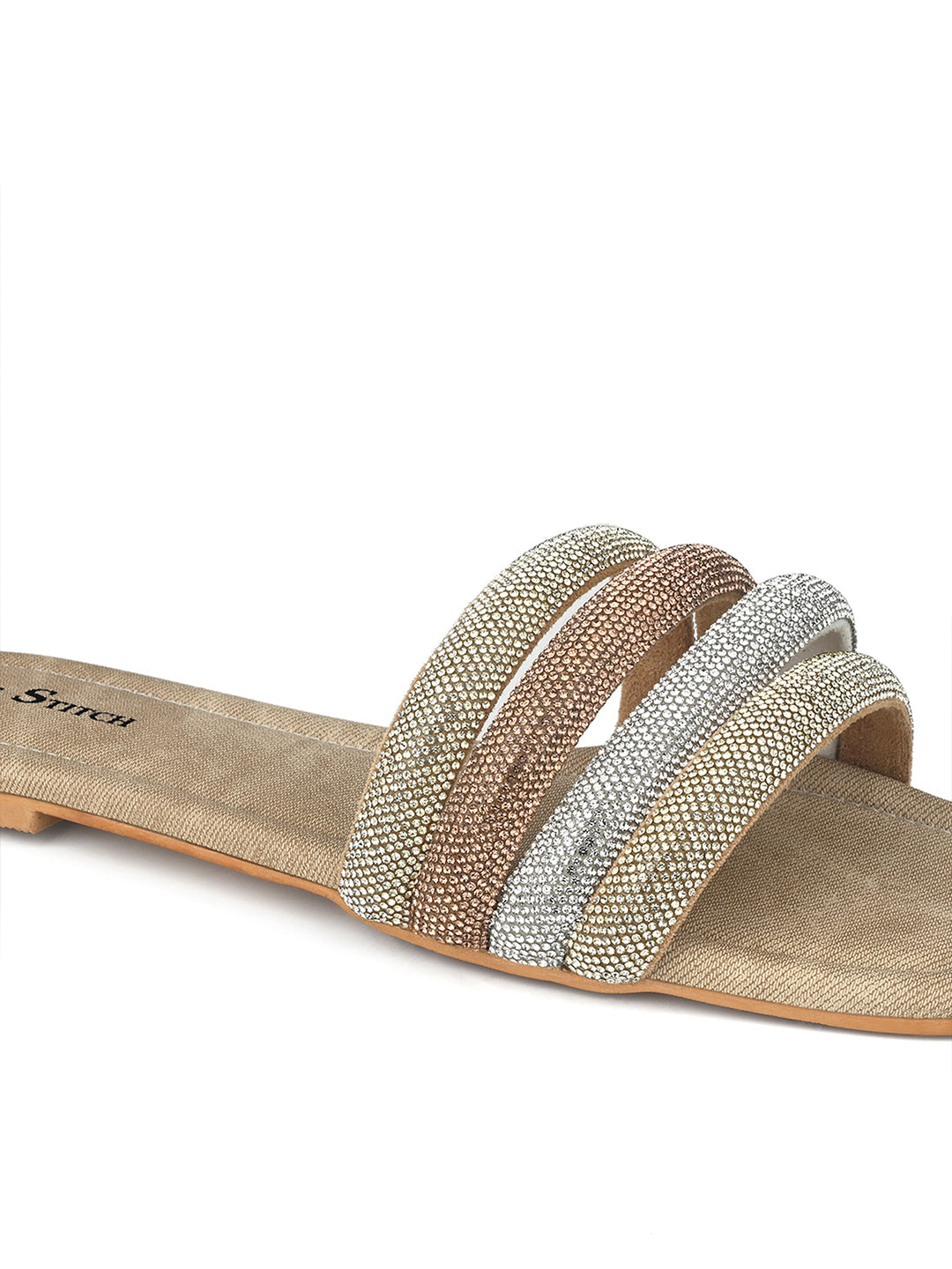 Women's Beige Glitter Strap Flat Heel Lightweight Sandals