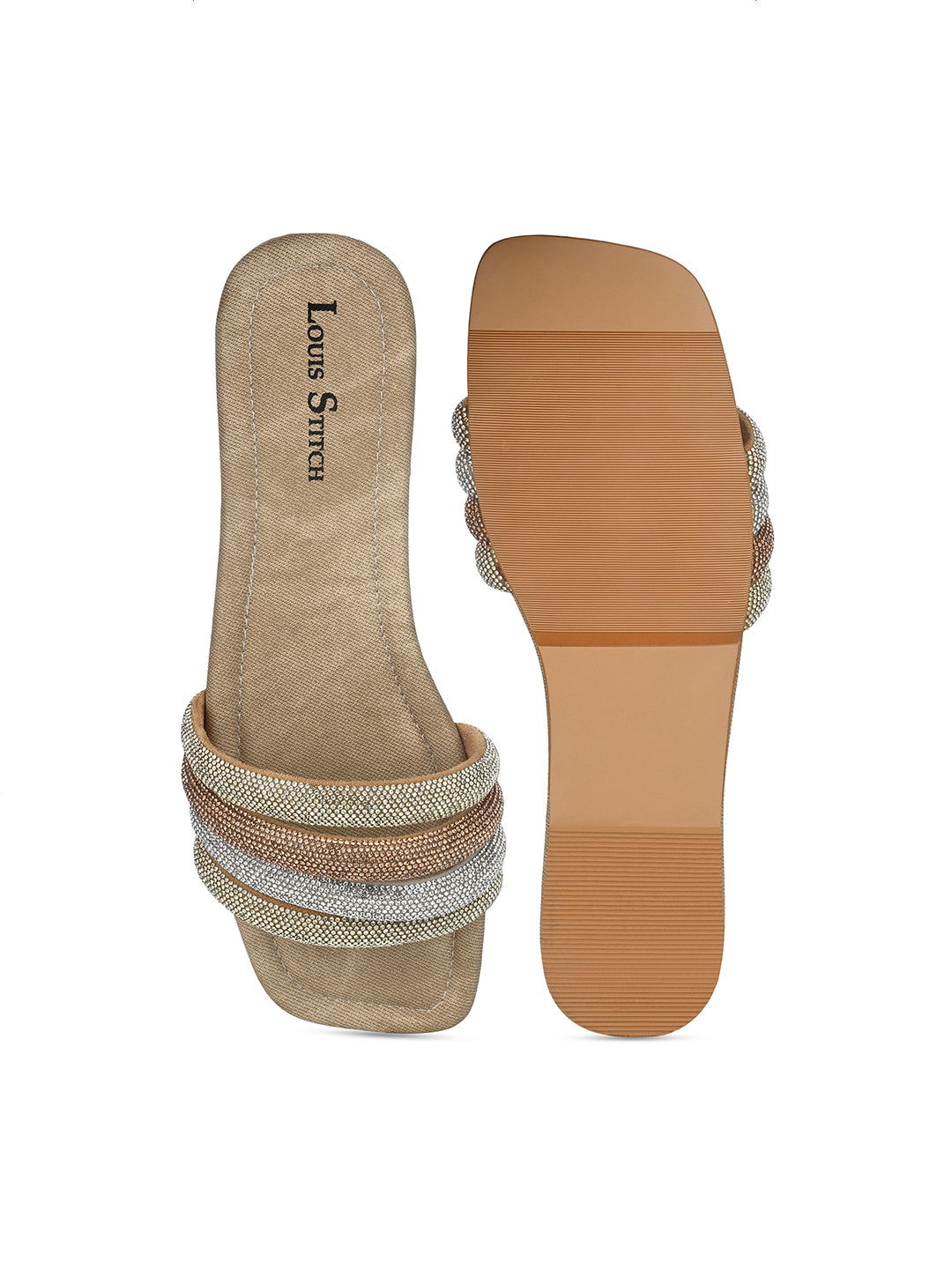 Women's Beige Glitter Strap Flat Heel Lightweight Sandals