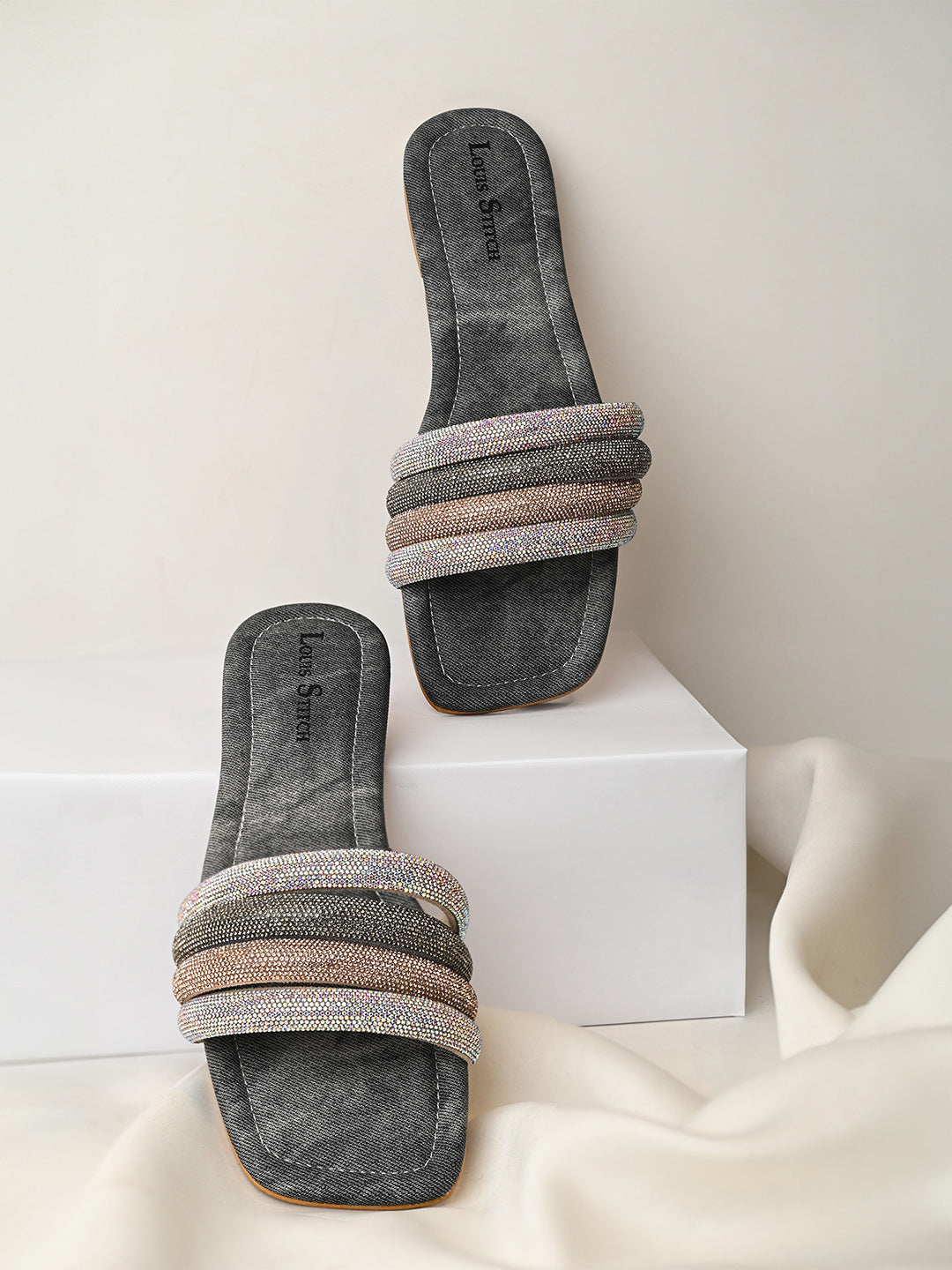 Women's Grey Glitter Strap Flat Heel Lightweight Sandals