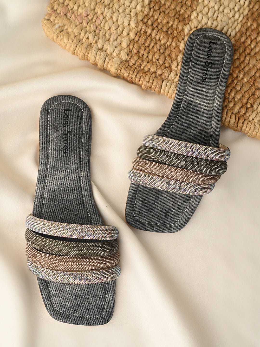 Women's Grey Glitter Strap Flat Heel Lightweight Sandals