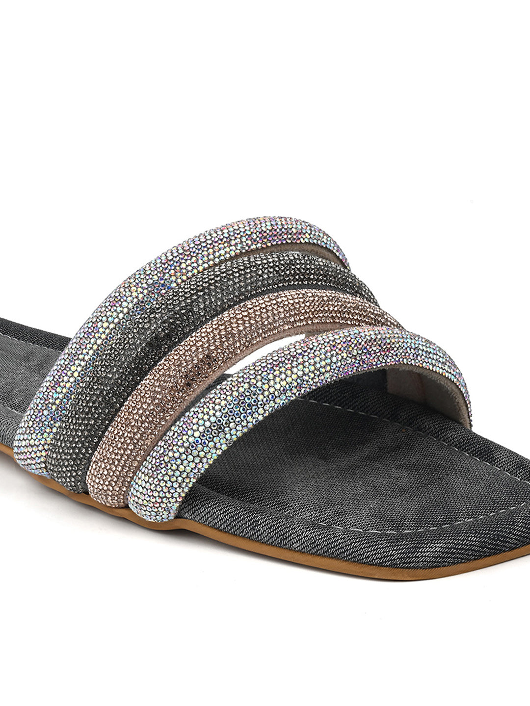 Women's Grey Glitter Strap Flat Heel Lightweight Sandals